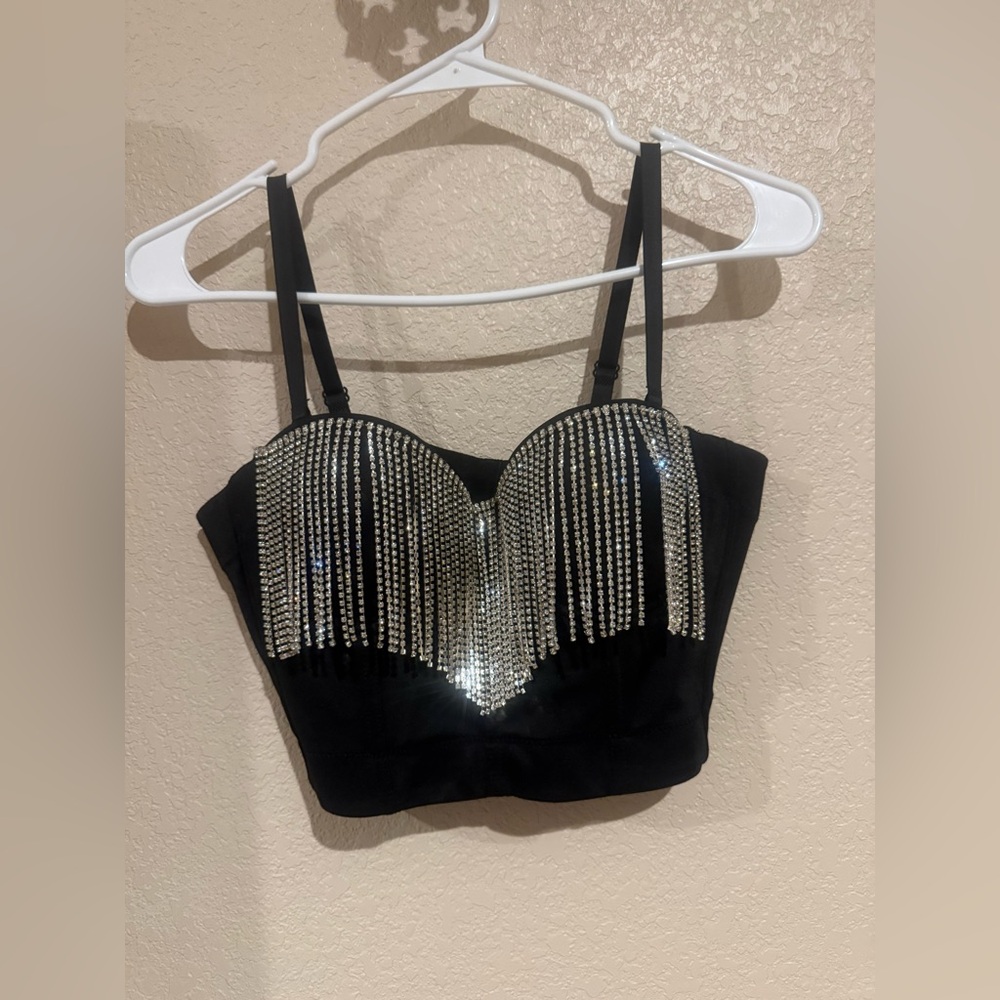 Festival Rhinestone Fringe Bustier Crop Top Black Sparkly Bra 36B S Concert Top
